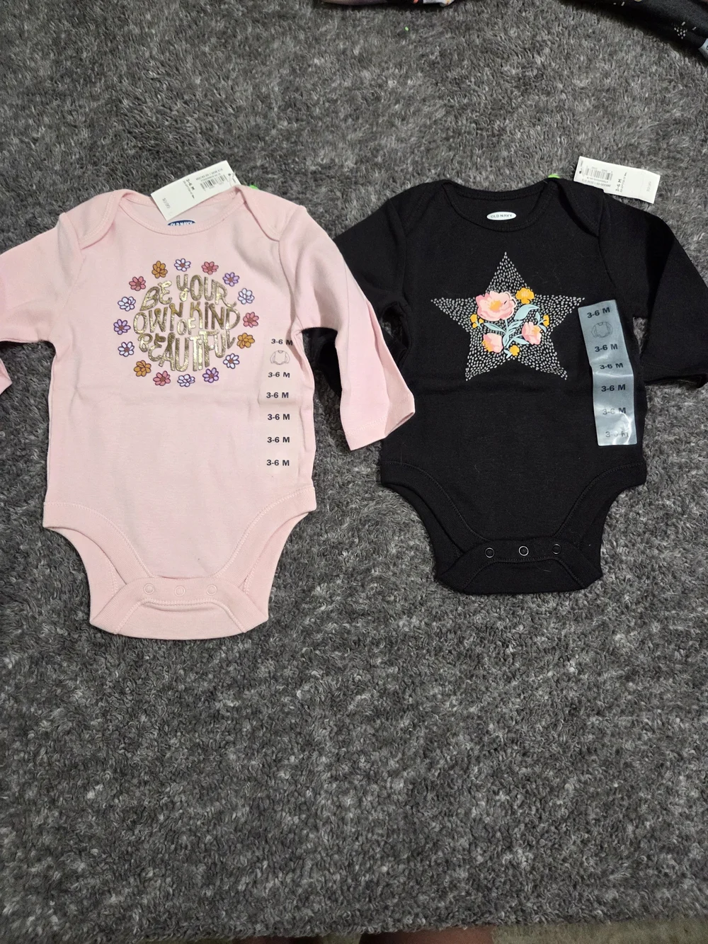 Old Navy Pink and Black Floral Graphic Long-Sleeve Baby One-Piece Duo